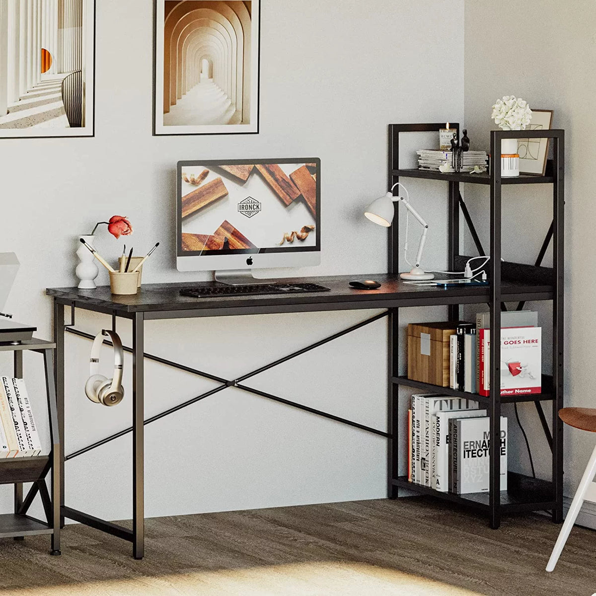 55" Computer Desk with Power Outlet and Storage Shelves M4314