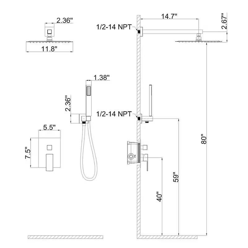 12 in. Wall Mount Dual Shower Head Hand Shower Faucet in Brushed Nickel D4871
