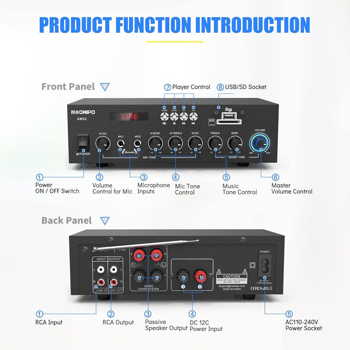 300Watts Bluetooth 5.0 Class AB Stereo Audio Receiver Amplifier 2 Channel Power Amp Pack of 2 G247