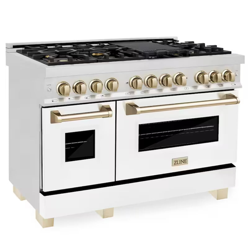 48 in. 7 Burner Dual Fuel Range in Stainless, White Matte and Polished Gold P105