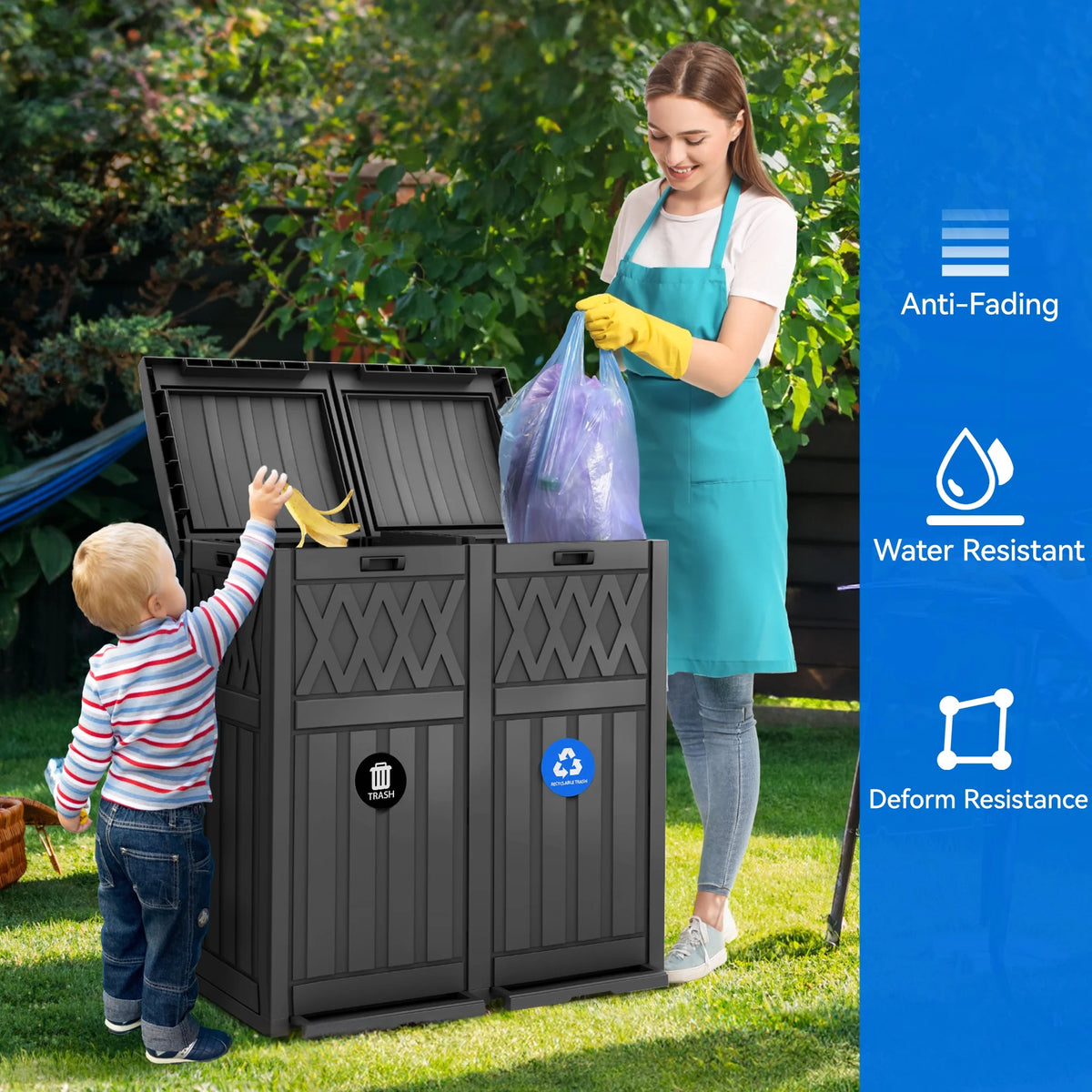 62-Gallon Outdoor Resin Trash Bins, Garbage Dual Can with Tiered Lid and Drip Tray, Black T7712
