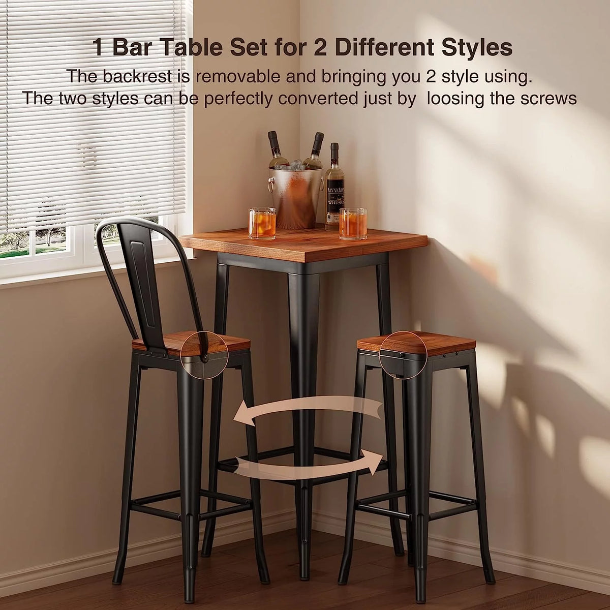 3 Piece Pub Table and Chairs Set with Elm Top and Metal Frame F933