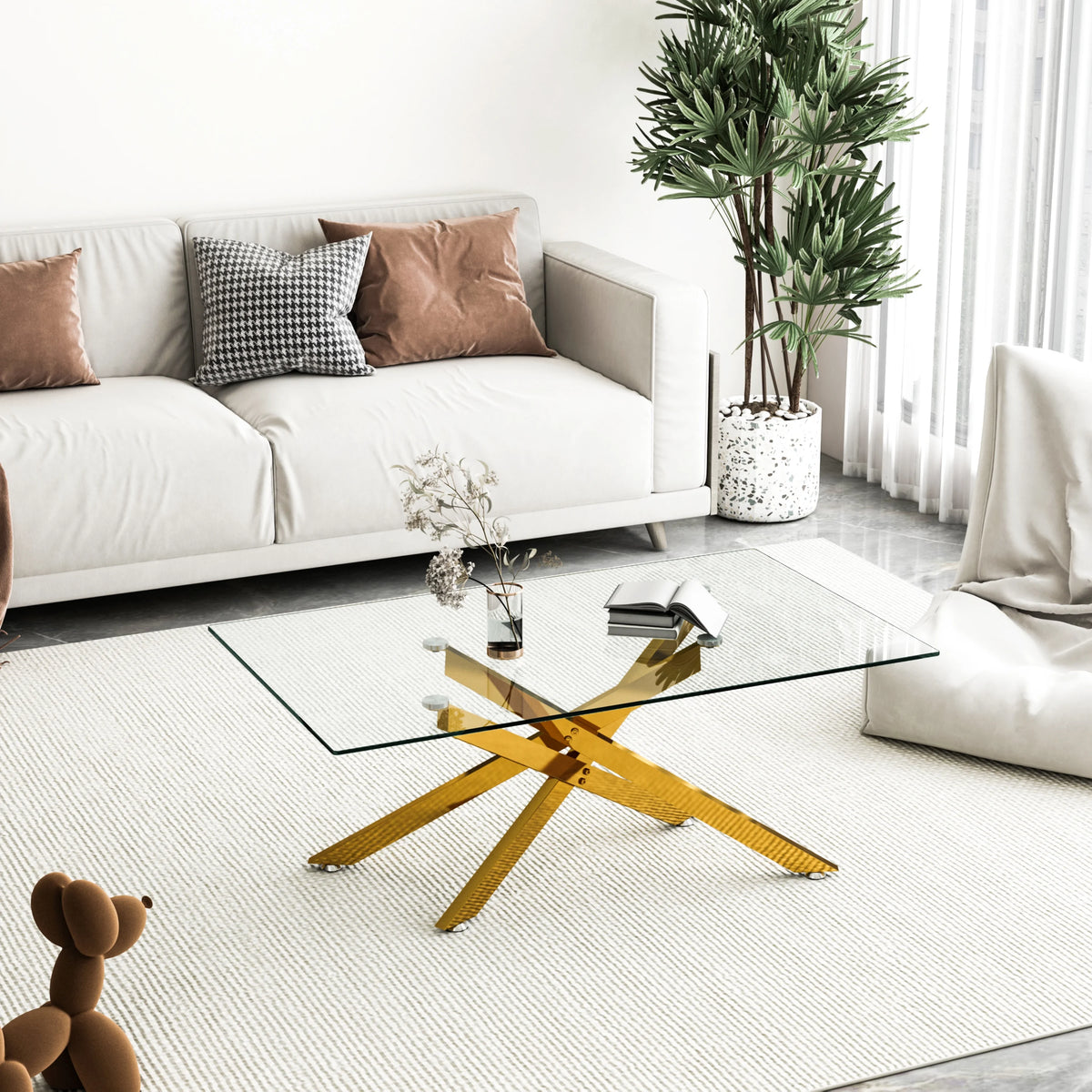 39.4" Rectangular Clear Tempered Glass Coffee Table with Golden Metal Legs O864032