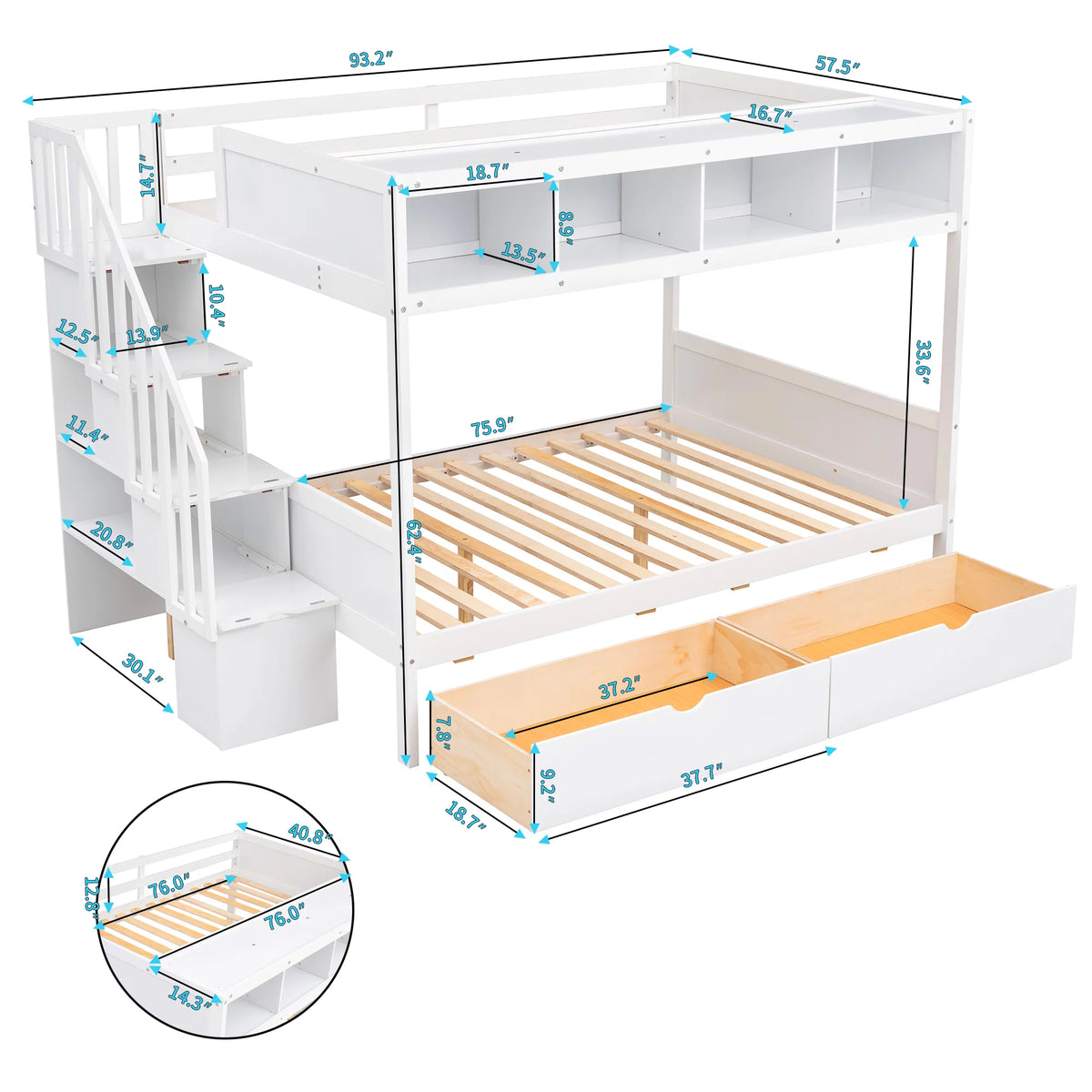 Solid Wood Twin Over Full Bunk Bed with Two Drawers and Staircase, White N787226