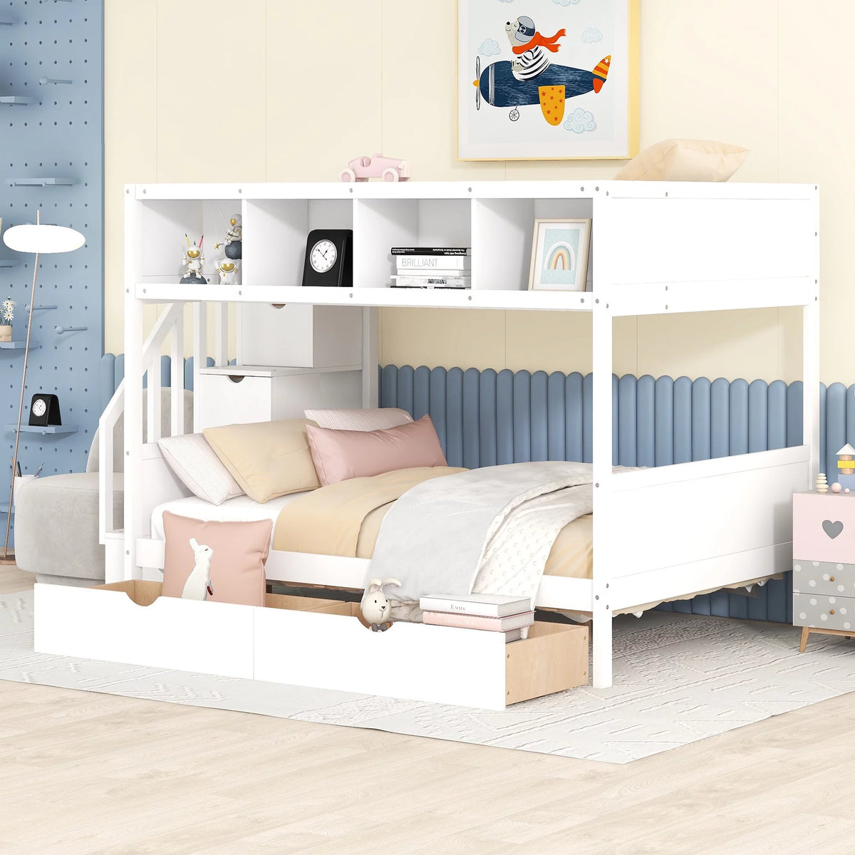 Solid Wood Twin Over Full Bunk Bed with Two Drawers and Staircase, White N787226