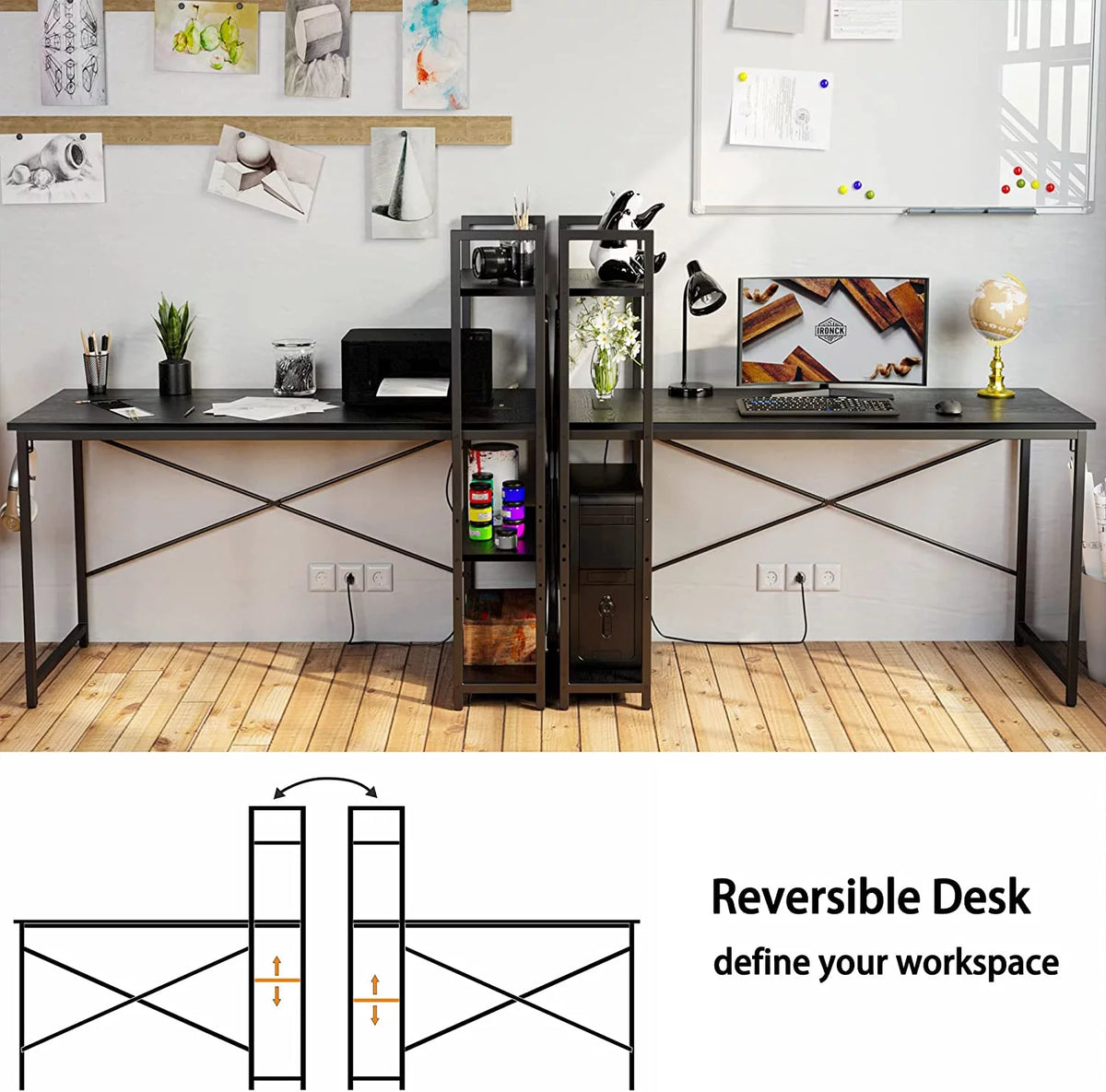 55" Computer Desk with Power Outlet and Storage Shelves M4314