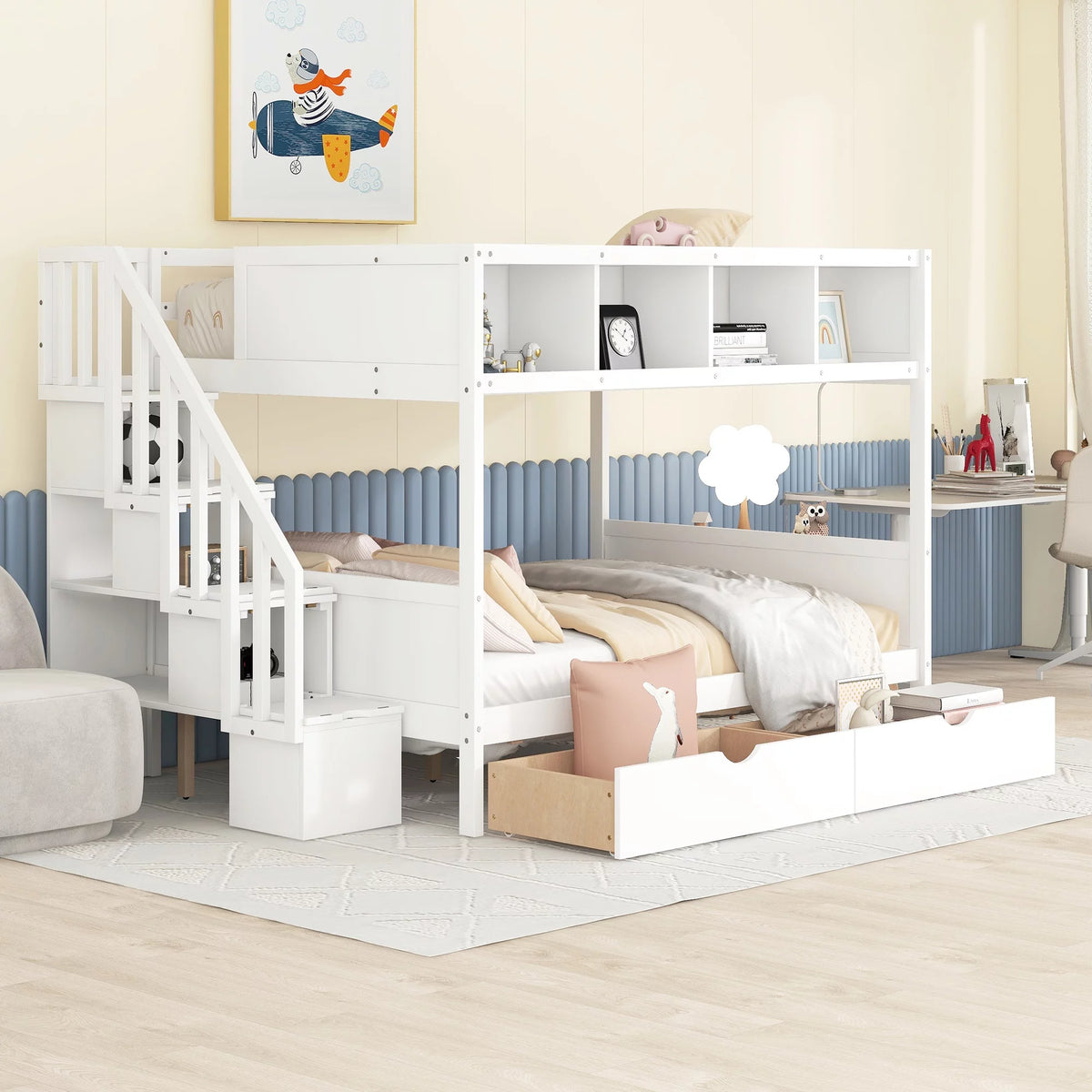 Solid Wood Twin Over Full Bunk Bed with Two Drawers and Staircase, White N787226