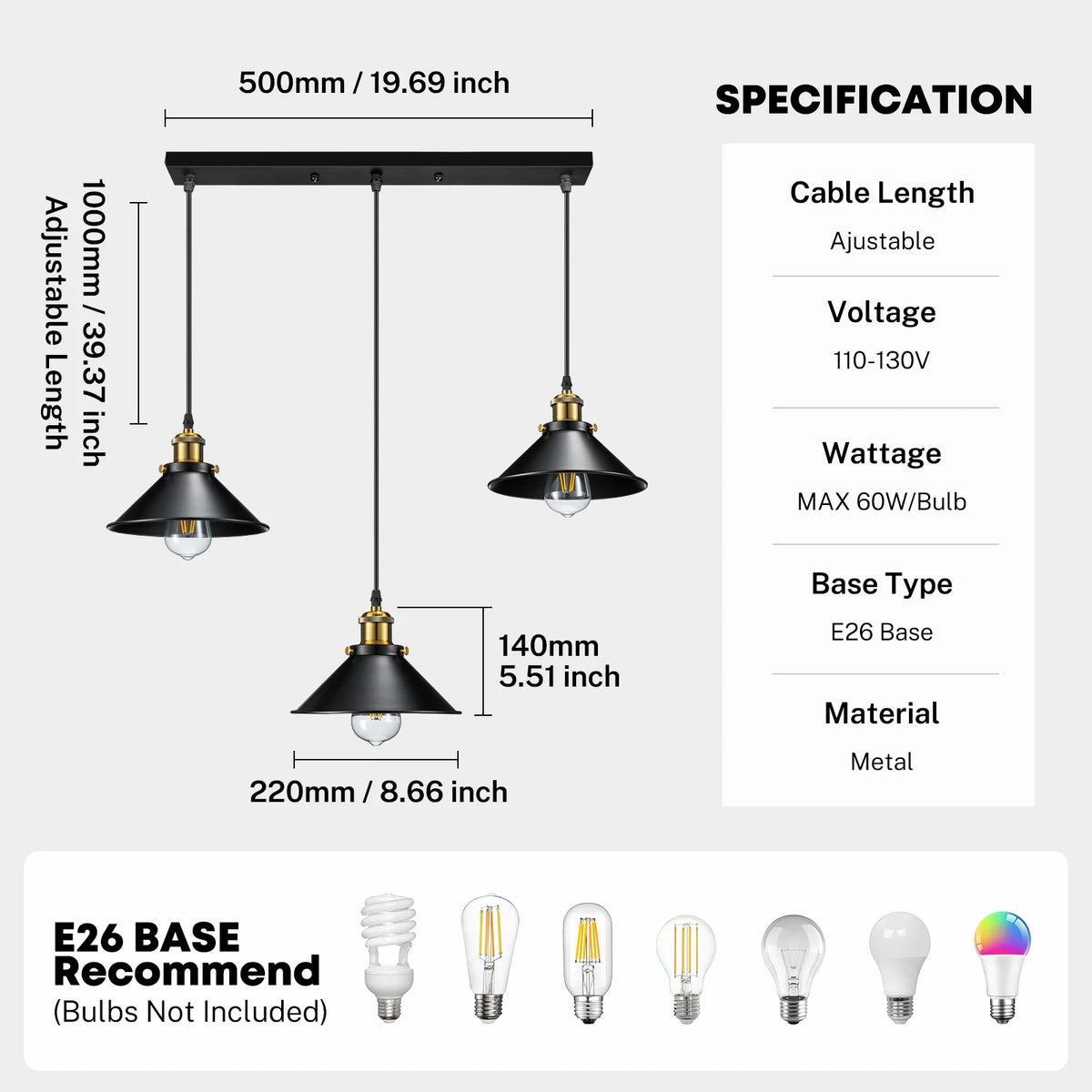 3-Light Black Metal Cage Pendant Light Fixture F8039