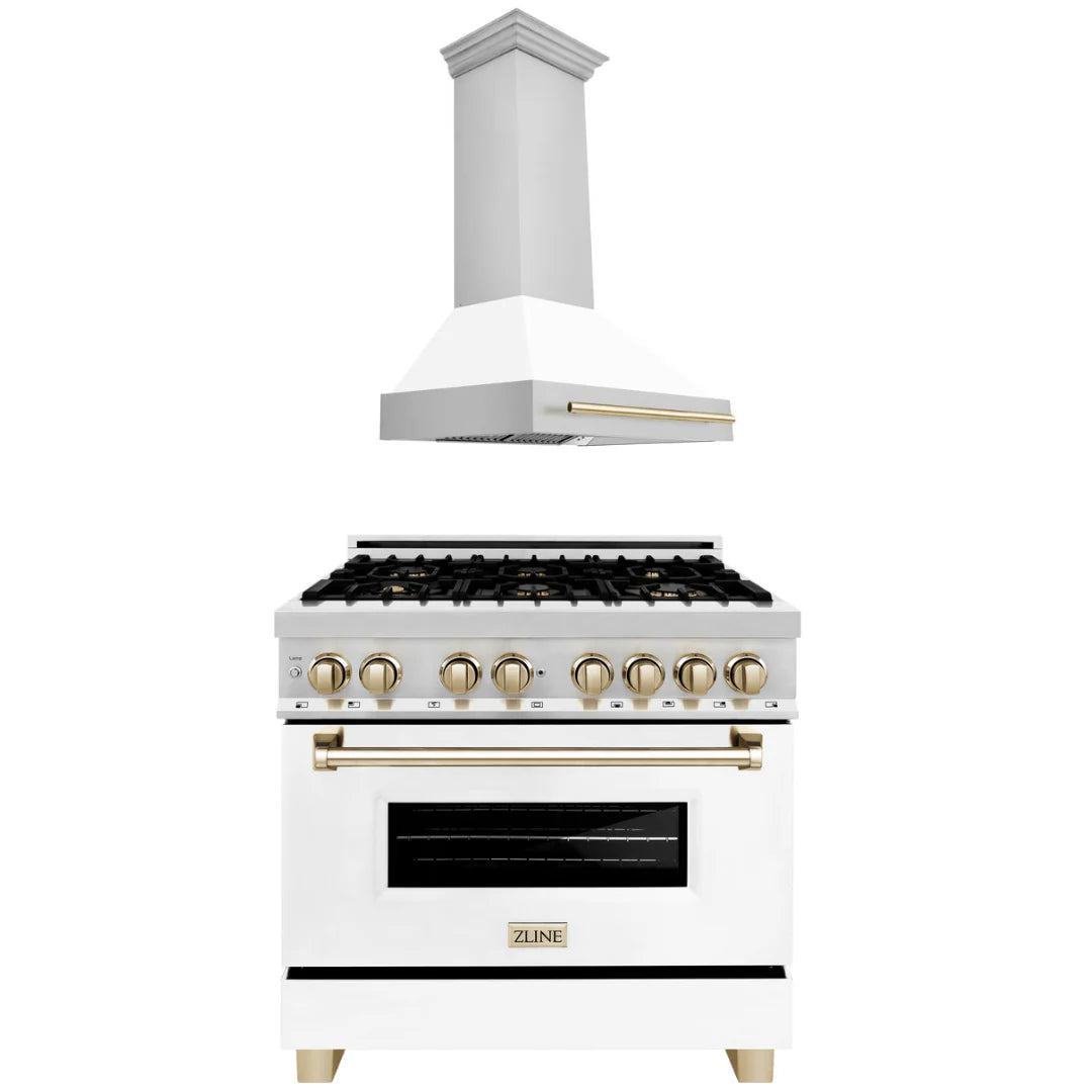 36 In. Dual Fuel Range and Range Hood with White Matte Door and Gold Accents D349525