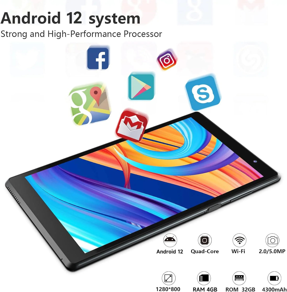 8 inch Android 12 Tablet 4GB RAM 32GB ROM IPS HD Display Black T190
