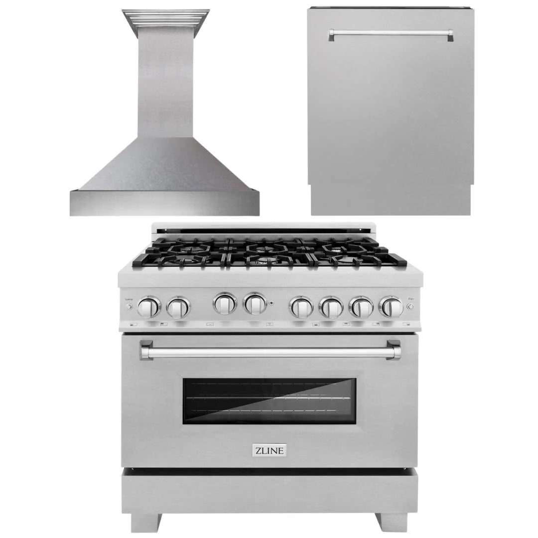 36 in. Stainless Steel Gas Range, Range Hood and Dishwasher H439190