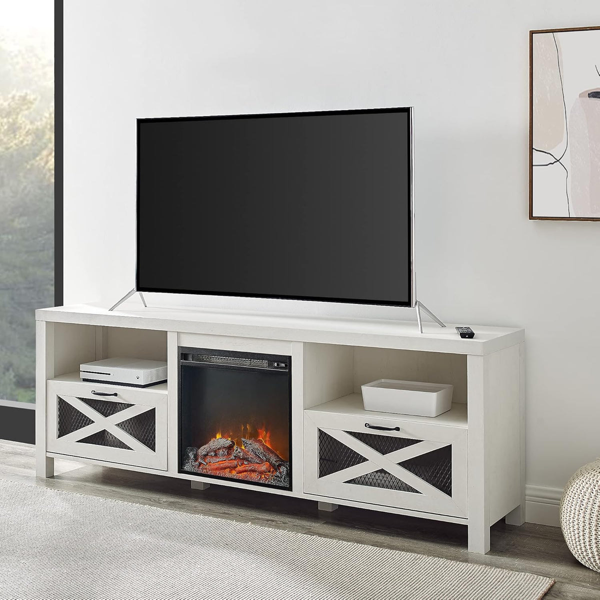 70 Inch Stone Grey Metal and Wood Fireplace TV Stand A998