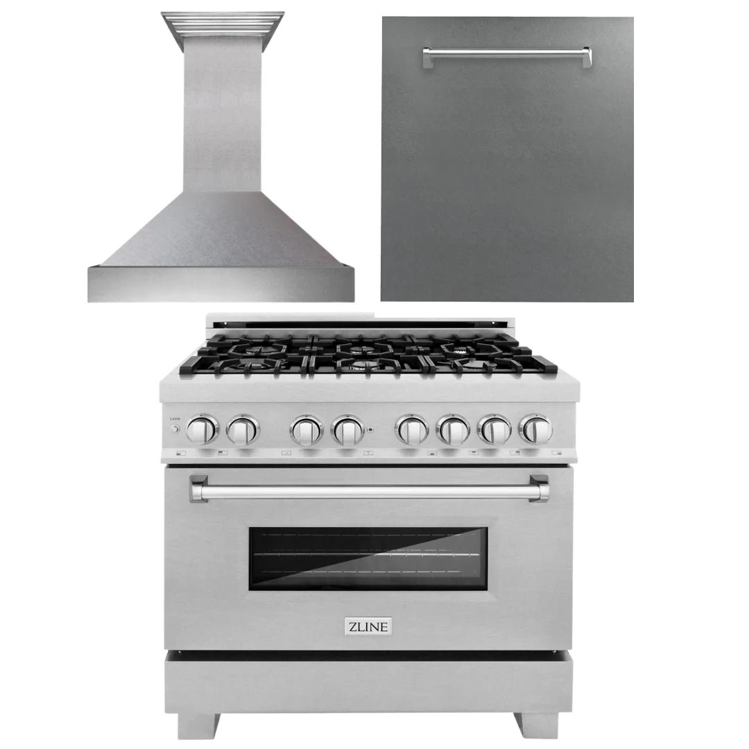 36 in. Stainless Dual Fuel Range, Range Hood and Dishwasher D84974