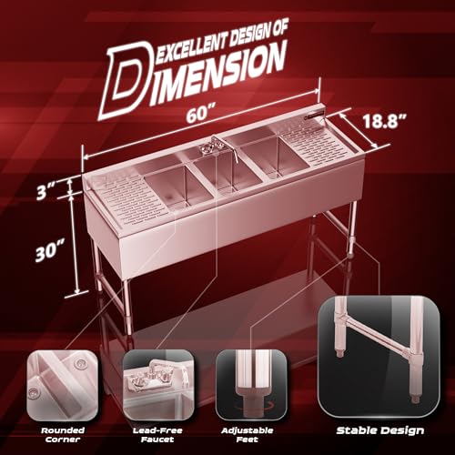 3 Compartment 304 Stainless Steel Under Bar Sink with Faucet O801137