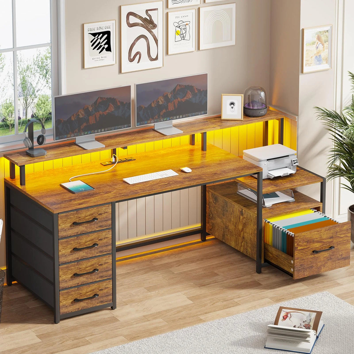 66'' Computer Desk with 4 Drawer and Storage Shelves W183