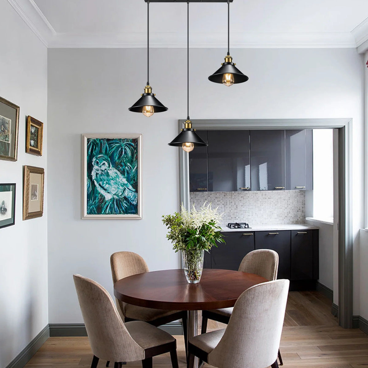 3-Light Black Metal Cage Pendant Light Fixture F8039