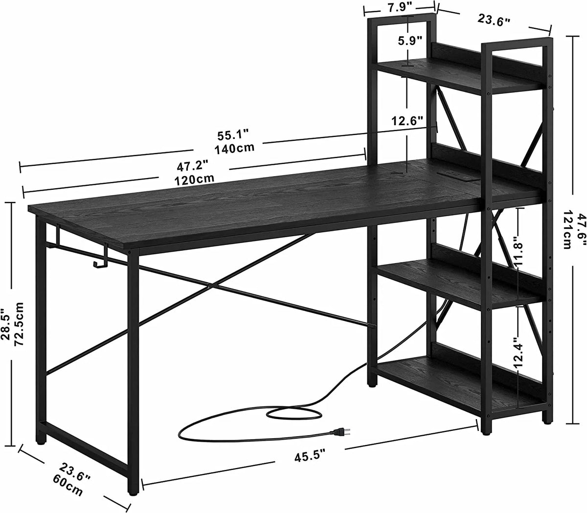 55" Computer Desk with Power Outlet and Storage Shelves M4314