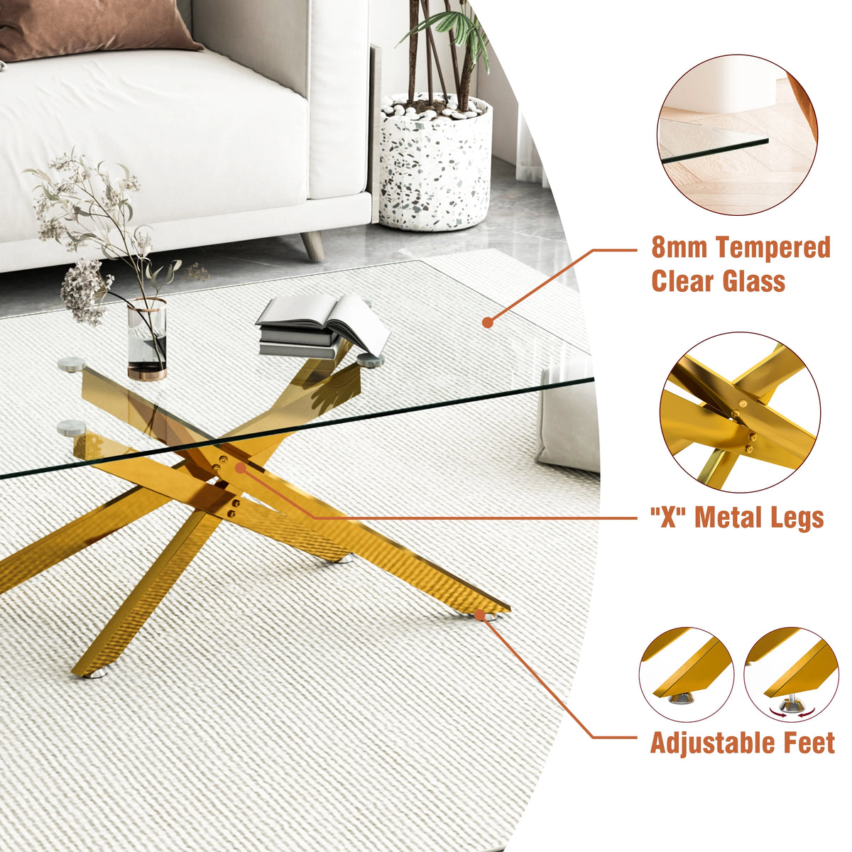 39.4" Rectangular Clear Tempered Glass Coffee Table with Golden Metal Legs O864032