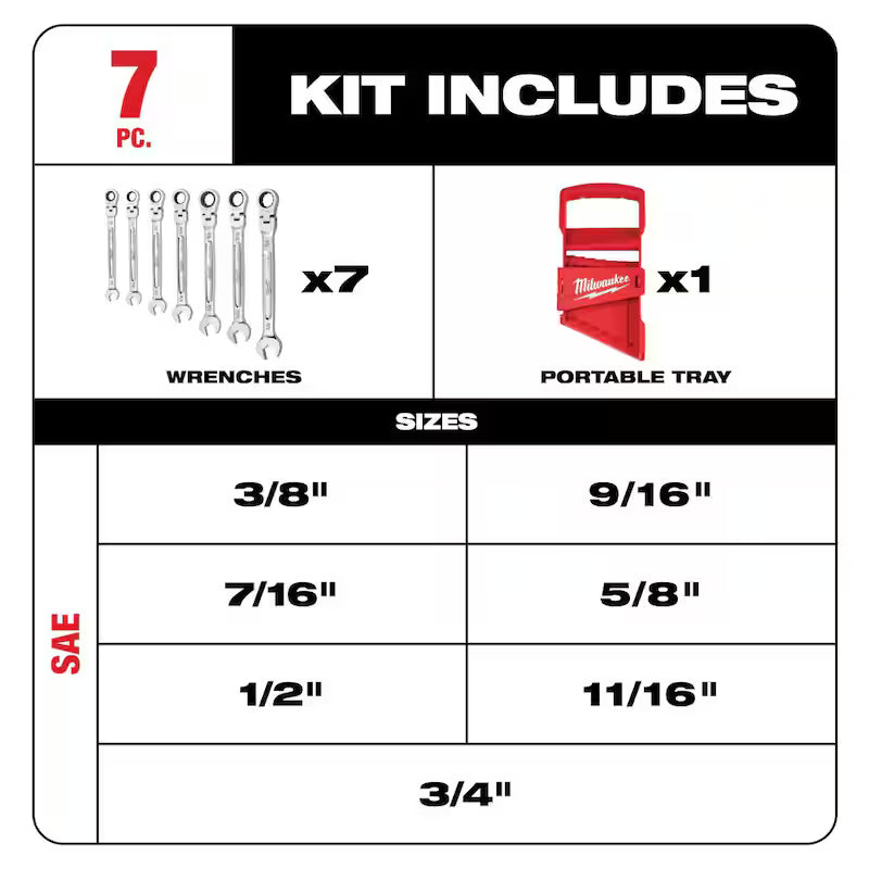 7-Piece Flex-Head Ratcheting Combination Wrench Set SAE E799