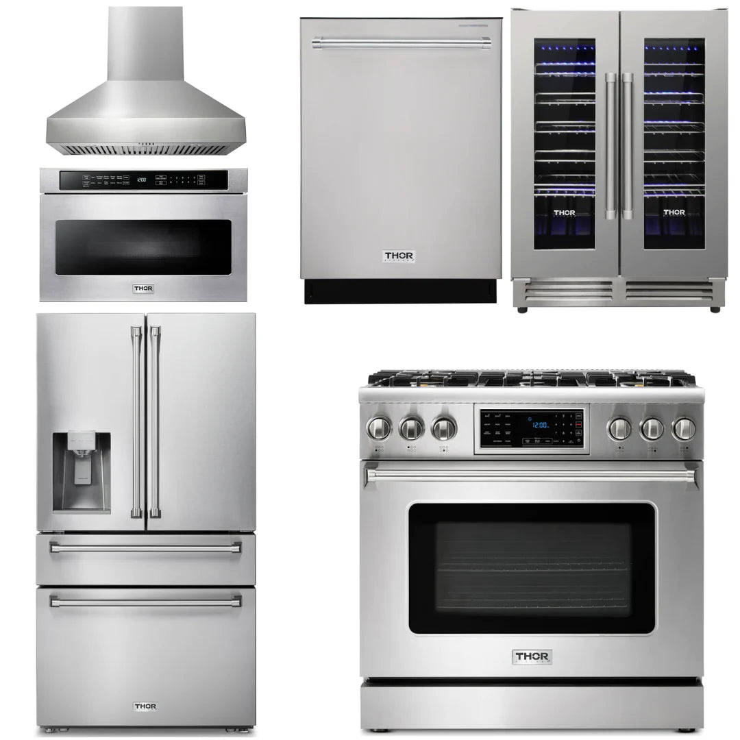36 Gas Range, Range Hood, Microwave, Refrigerator, Dishwasher, Wine Cooler K410