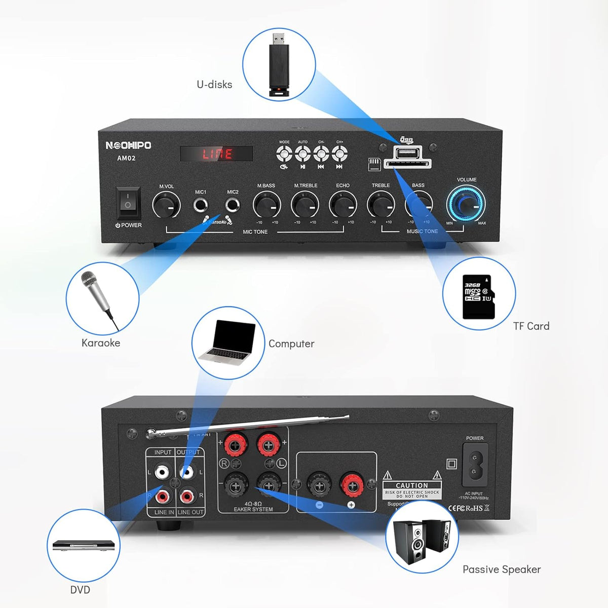 300Watts Bluetooth 5.0 Class AB Stereo Audio Receiver Amplifier 2 Channel Power Amp Pack of 2 G247