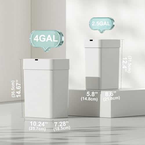 2 Pack Automatic Motion Sensor Trash Can, 2.5 Gallon + 4 Gallon White W693
