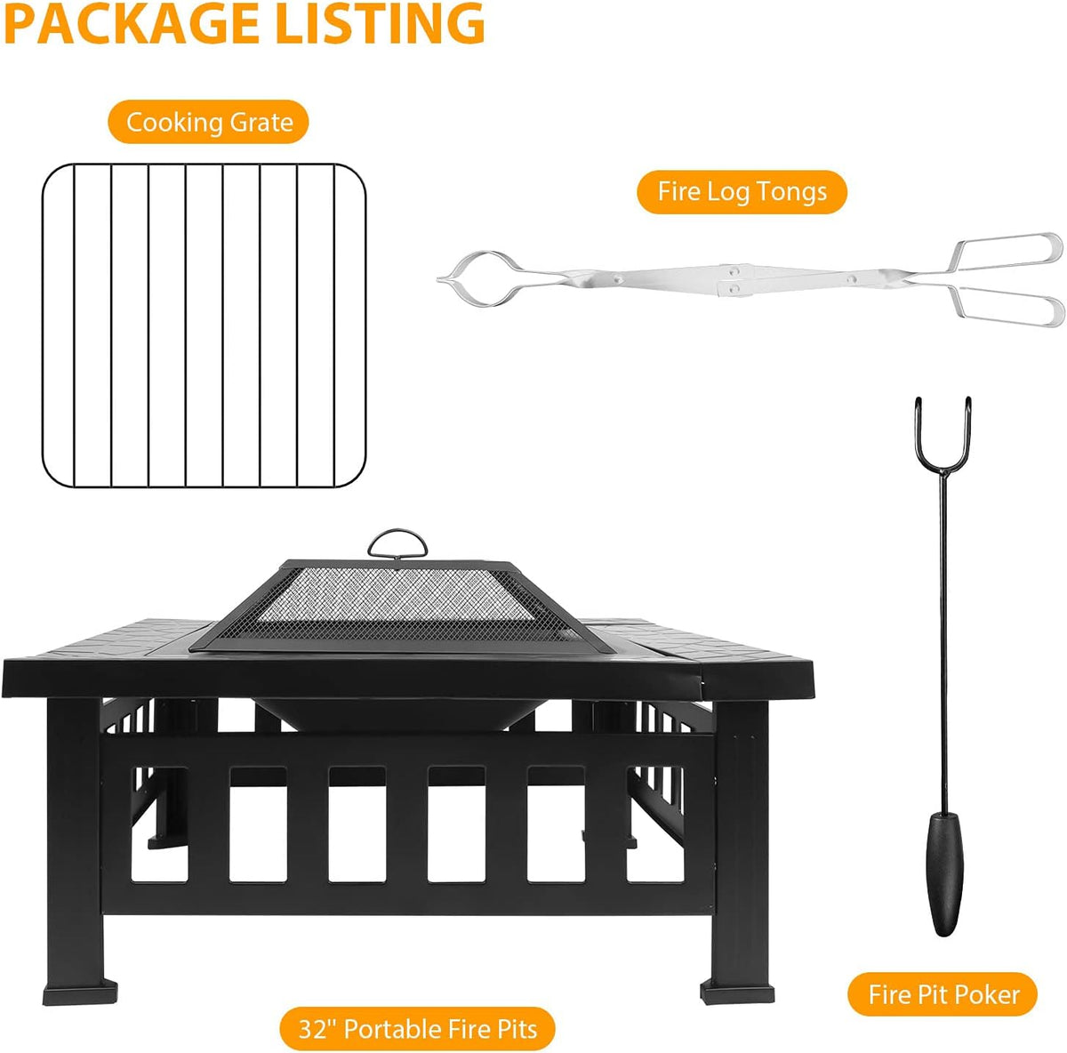 32 inch Square Metal Fire Pit Table with Spark Screen I22834