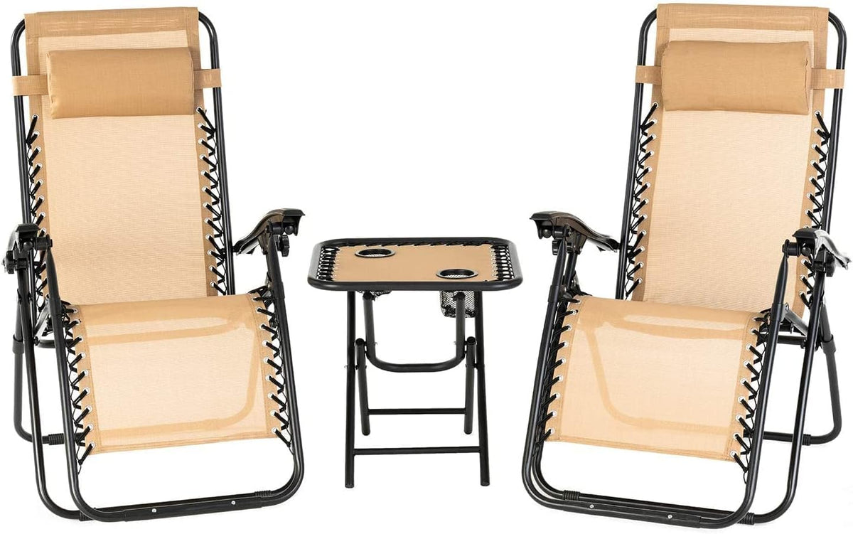 2 PCS Beige Folding Zero Gravity Lounge Chair Set with Headrest and Table D268583