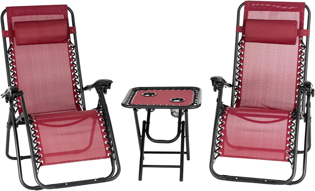 2 PCS Beige Folding Zero Gravity Lounge Chair Set with Headrest and Table D268583
