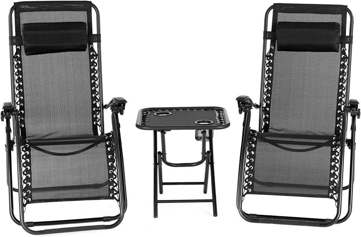 2 PCS Beige Folding Zero Gravity Lounge Chair Set with Headrest and Table D268583