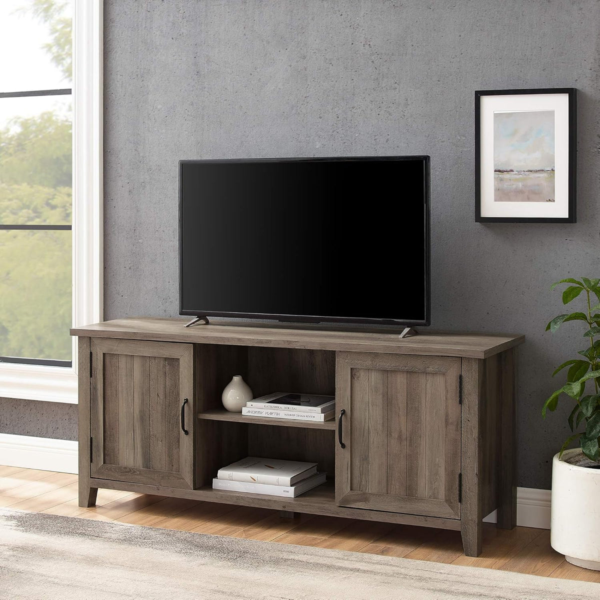 70 Inch Stone Grey Metal and Wood Fireplace TV Stand A998