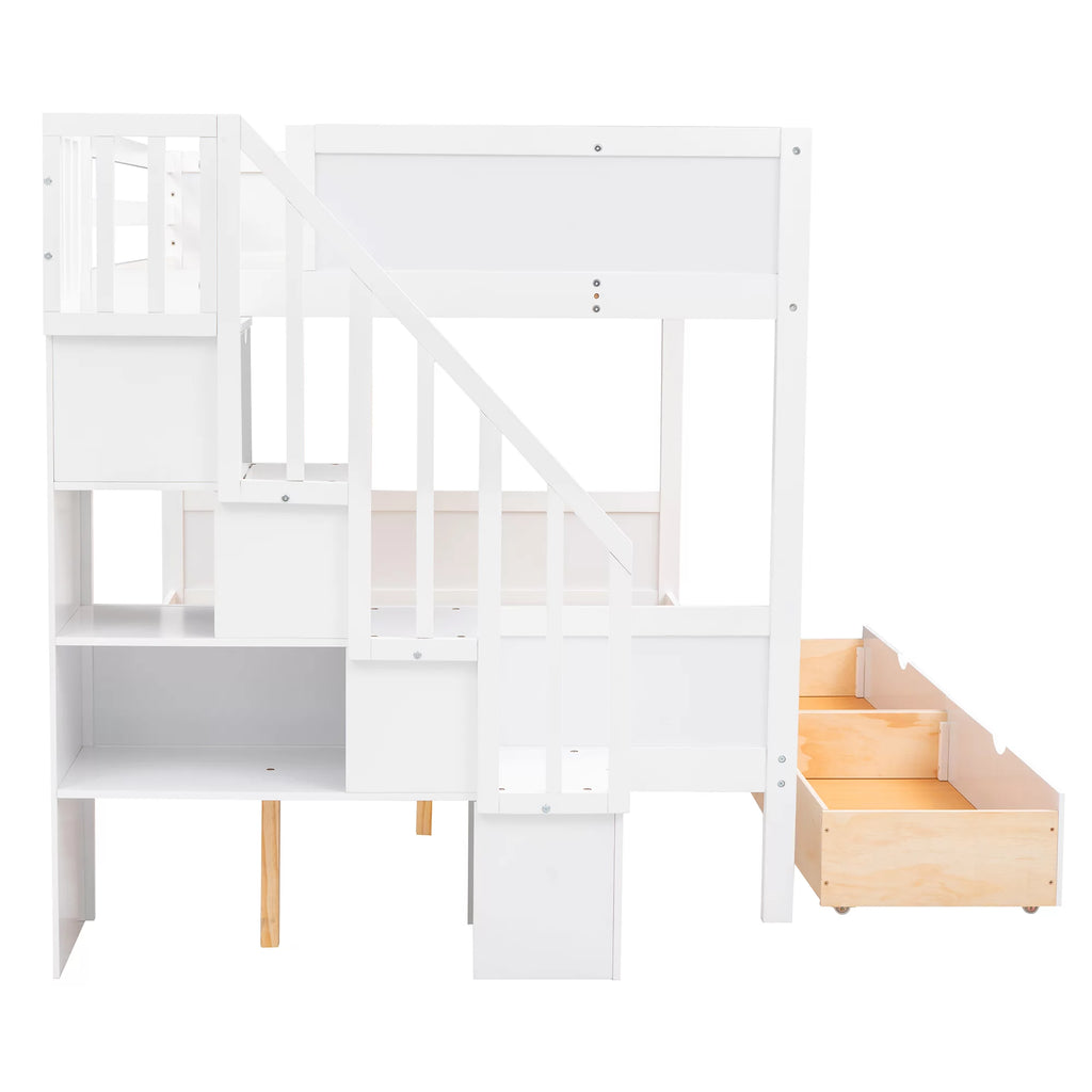 Solid Wood Twin Over Full Bunk Bed with Two Drawers and Staircase, White N787226