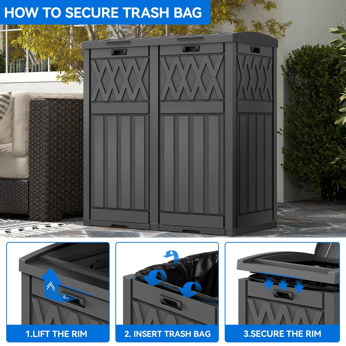 62-Gallon Outdoor Resin Trash Bins, Garbage Dual Can with Tiered Lid and Drip Tray, Black T7712