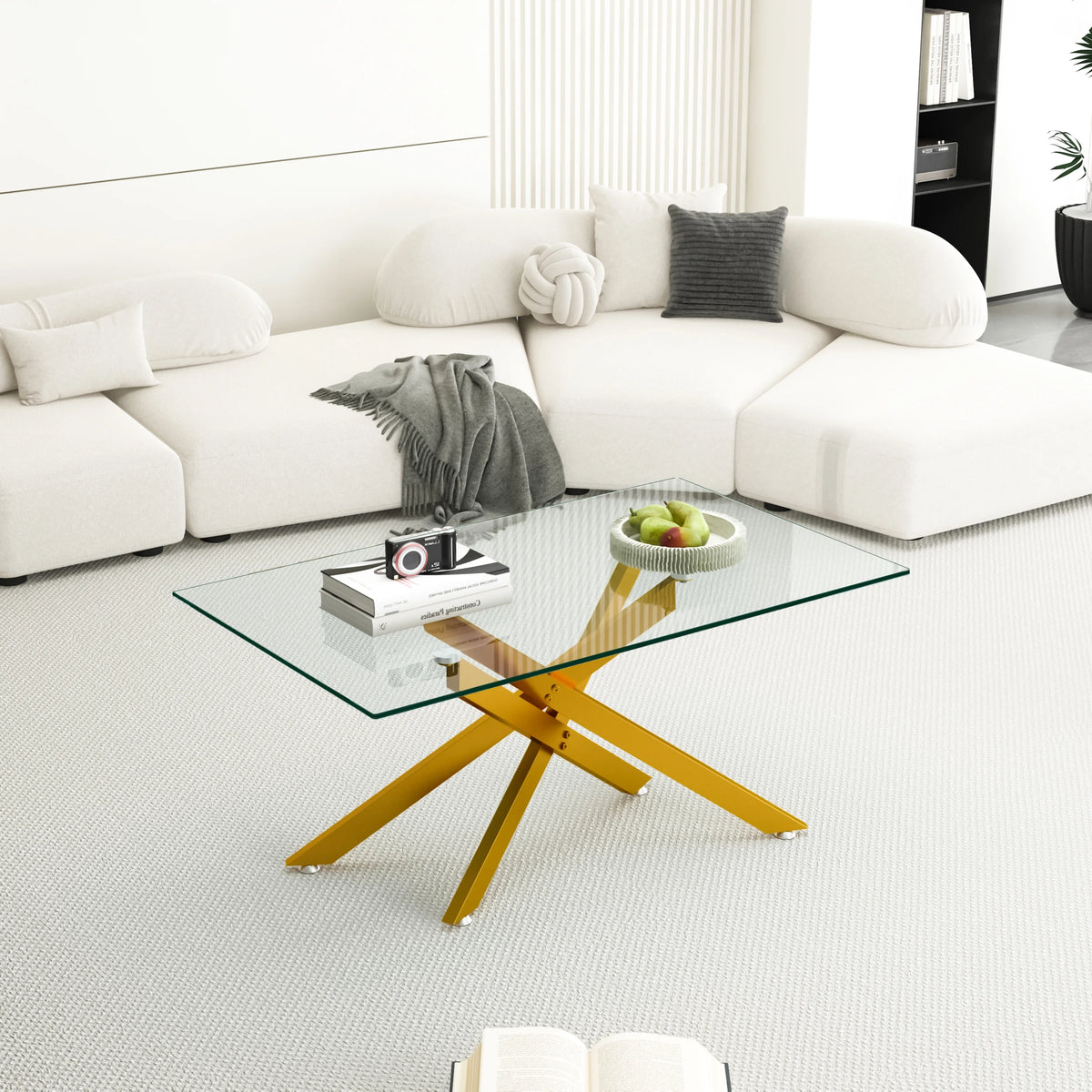 39.4" Rectangular Clear Tempered Glass Coffee Table with Golden Metal Legs O864032