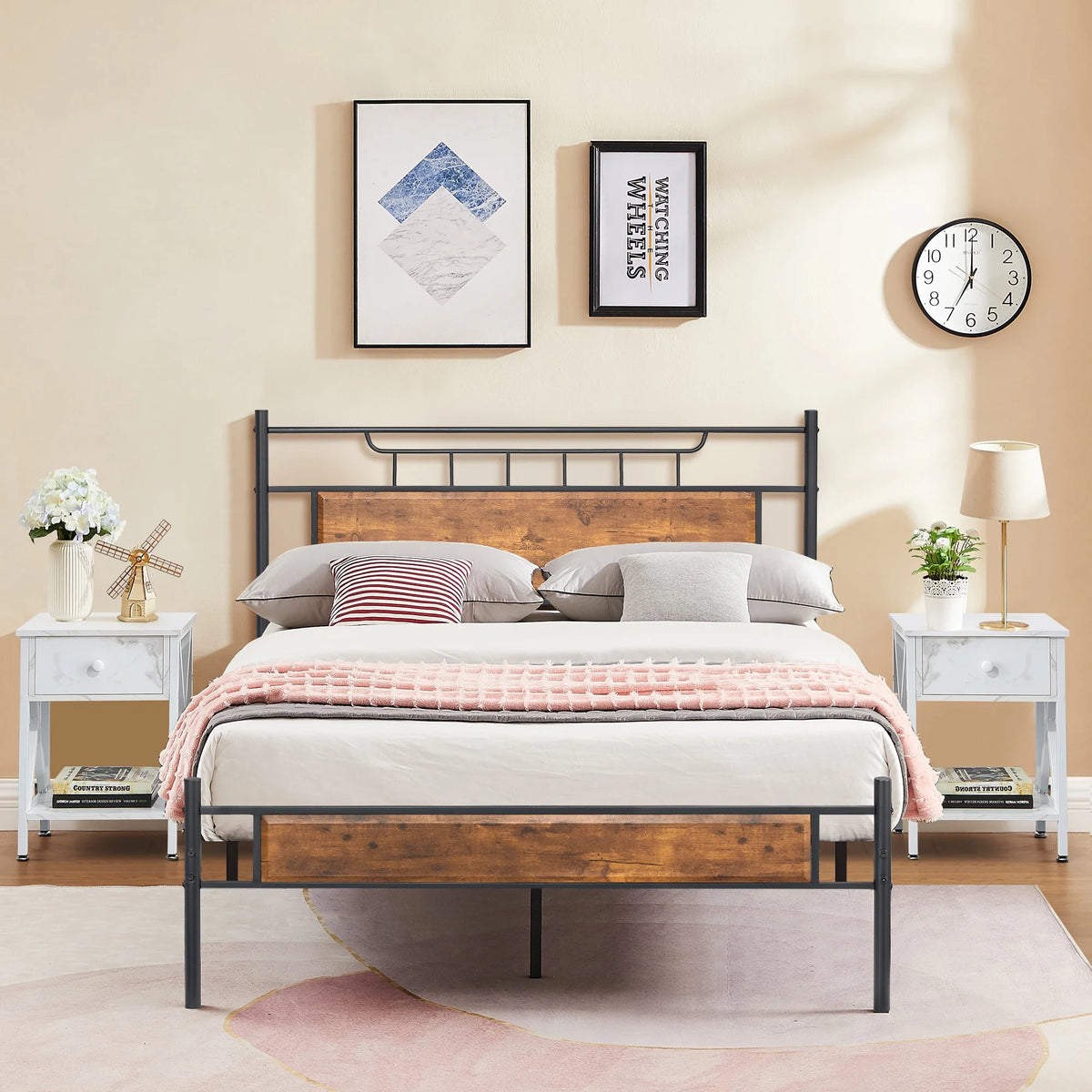 3-Piece Bedroom Set with Full Size Platform Bed Frame and 1-Drawer White Nightstand I2238