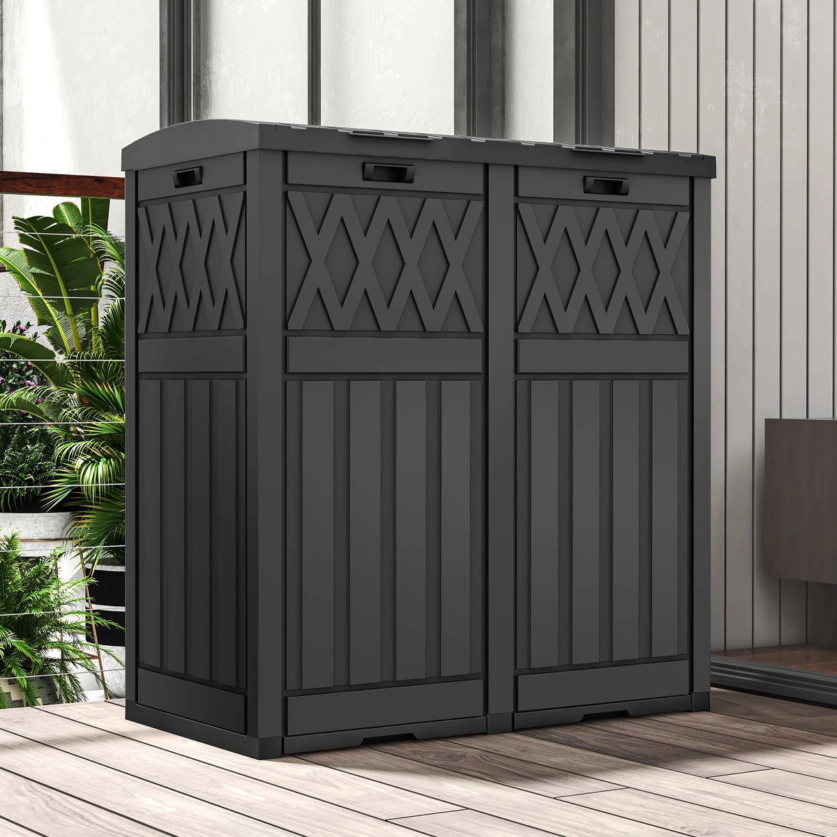 62-Gallon Outdoor Resin Trash Bins, Garbage Dual Can with Tiered Lid and Drip Tray, Black T7712
