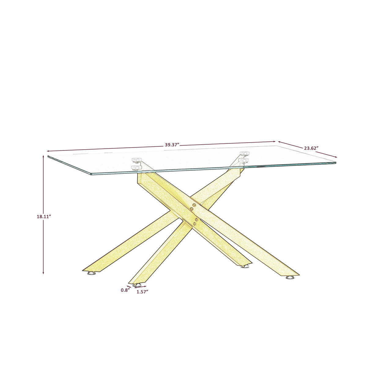 39.4" Rectangular Clear Tempered Glass Coffee Table with Golden Metal Legs O864032