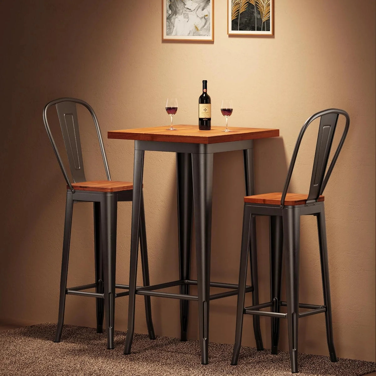 3 Piece Pub Table and Chairs Set with Elm Top and Metal Frame F933