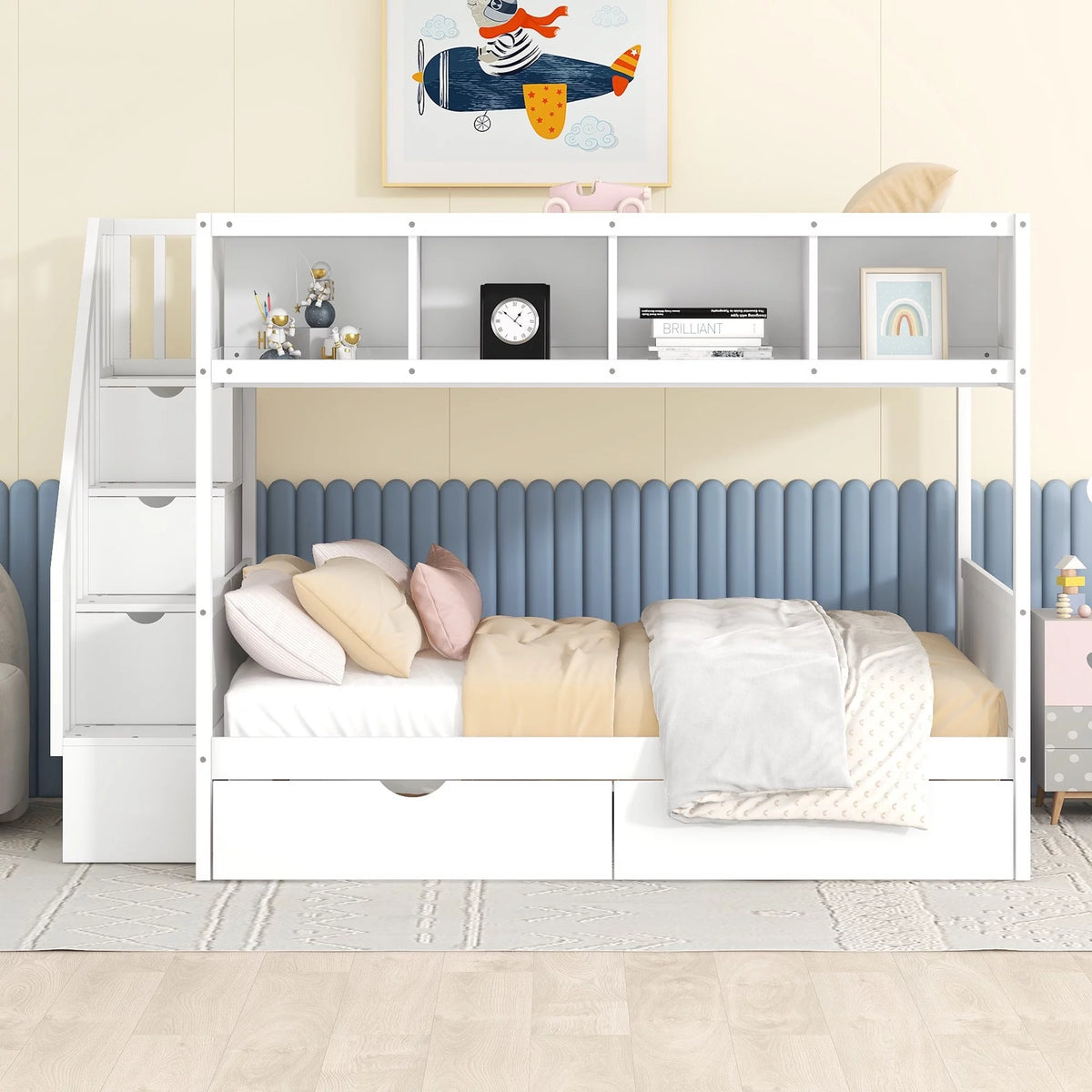Solid Wood Twin Over Full Bunk Bed with Two Drawers and Staircase, White N787226