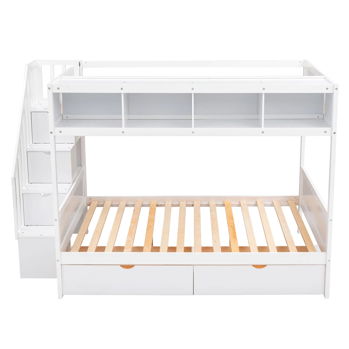 Solid Wood Twin Over Full Bunk Bed with Two Drawers and Staircase, White N787226