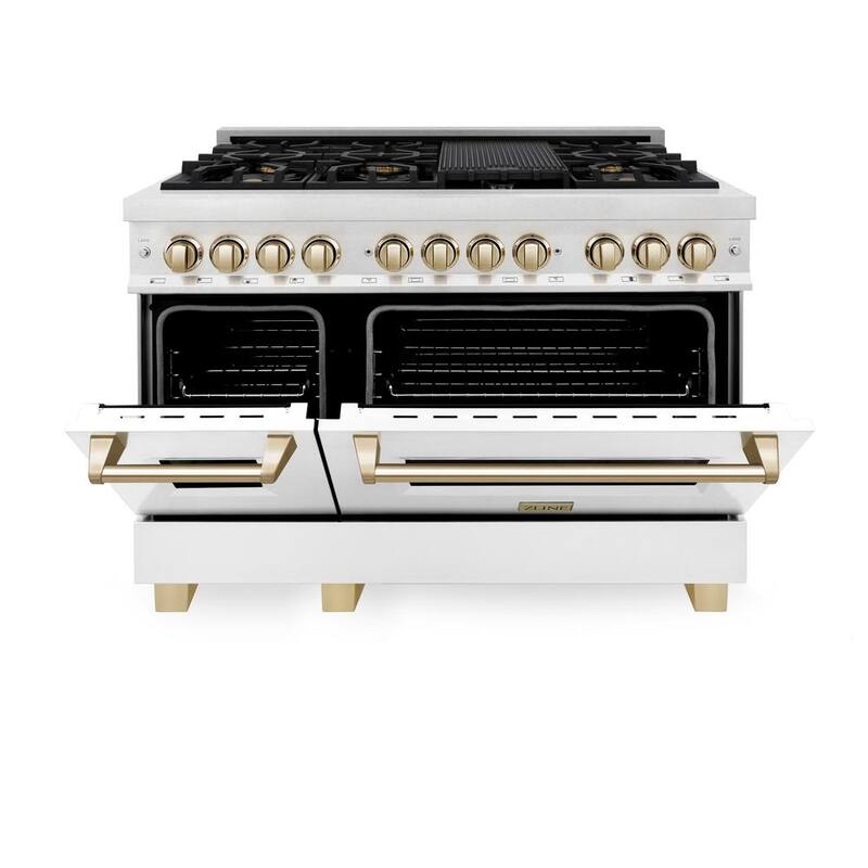 48 in. 7 Burner Dual Fuel Range in Stainless, White Matte and Polished Gold P105
