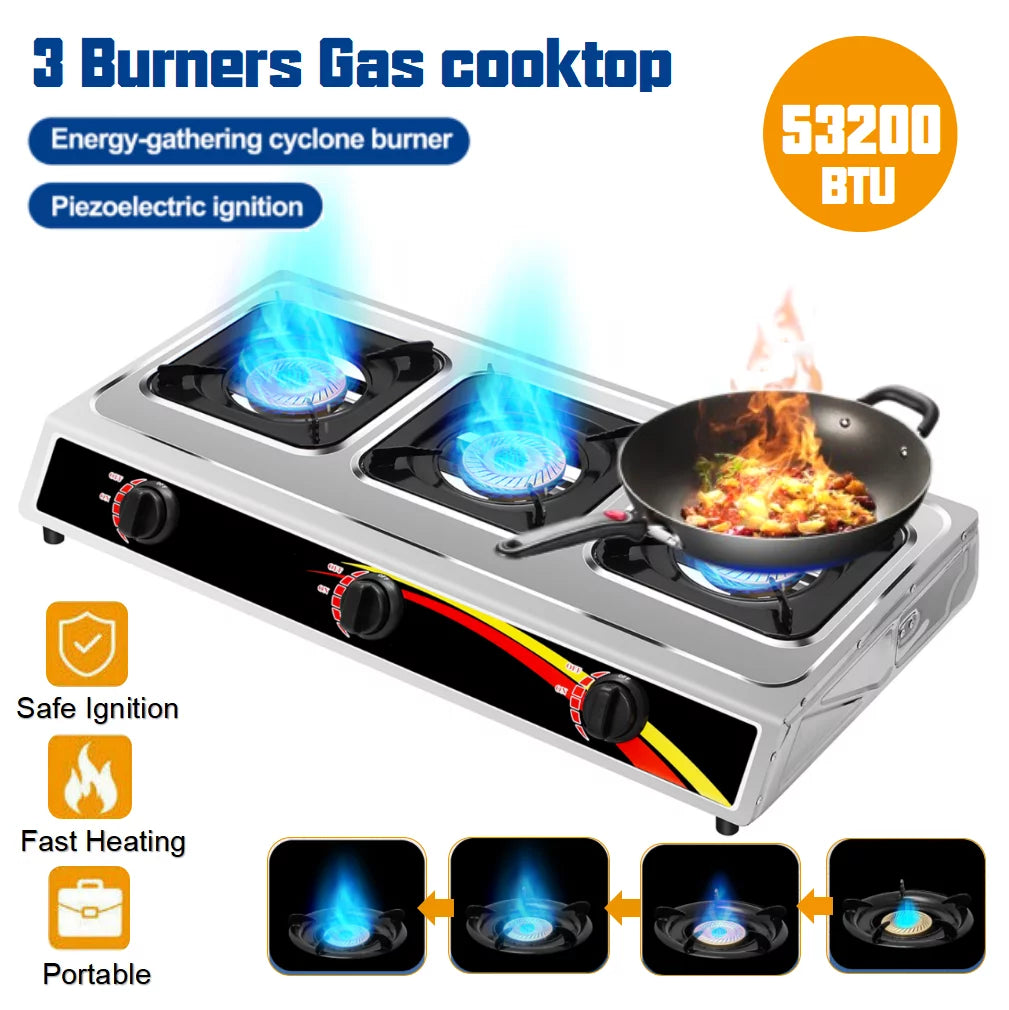3 Burner Stainless Steel Portable Camping Gas Stove U173195