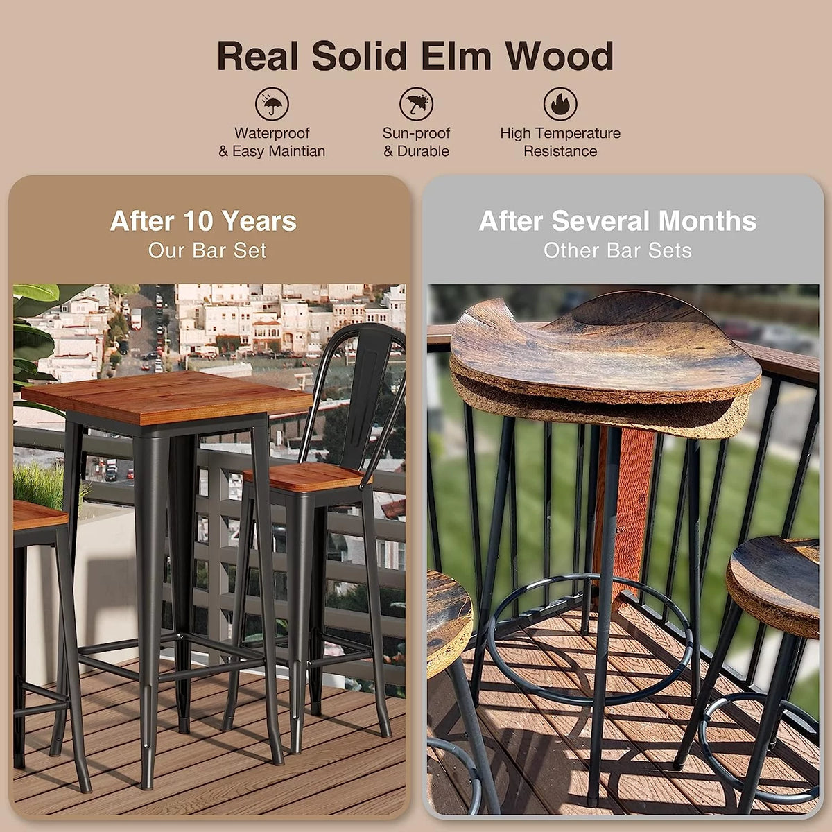 3 Piece Pub Table and Chairs Set with Elm Top and Metal Frame F933