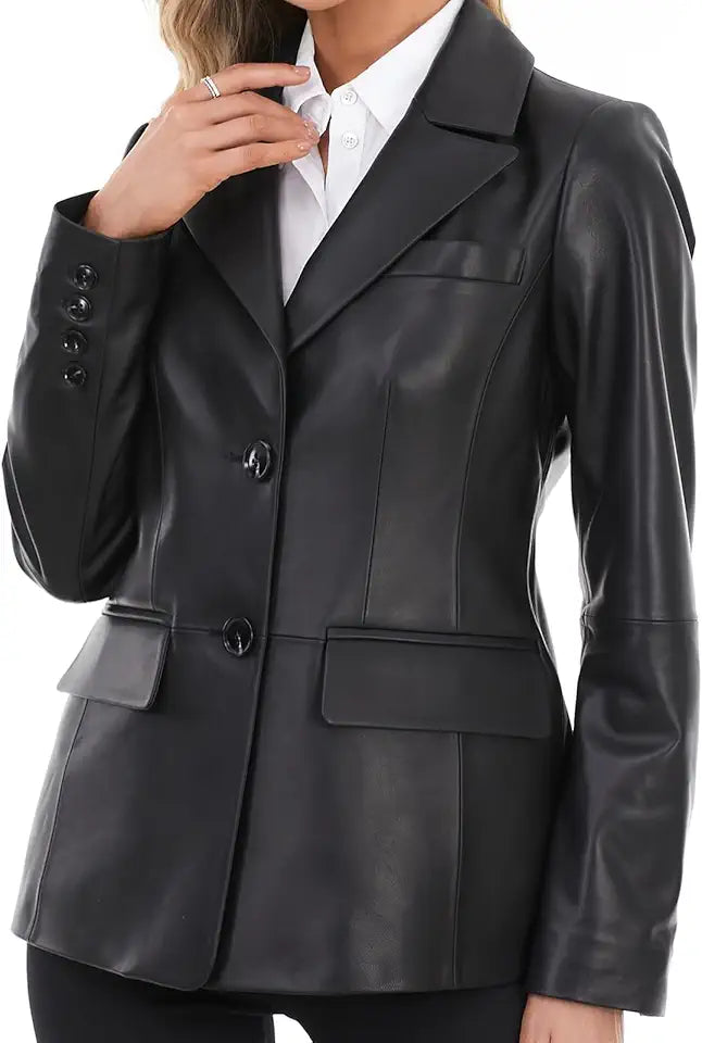 Lambskin Leather Jacket Women Long Sleeve Button Front Leather Blazer V7636
