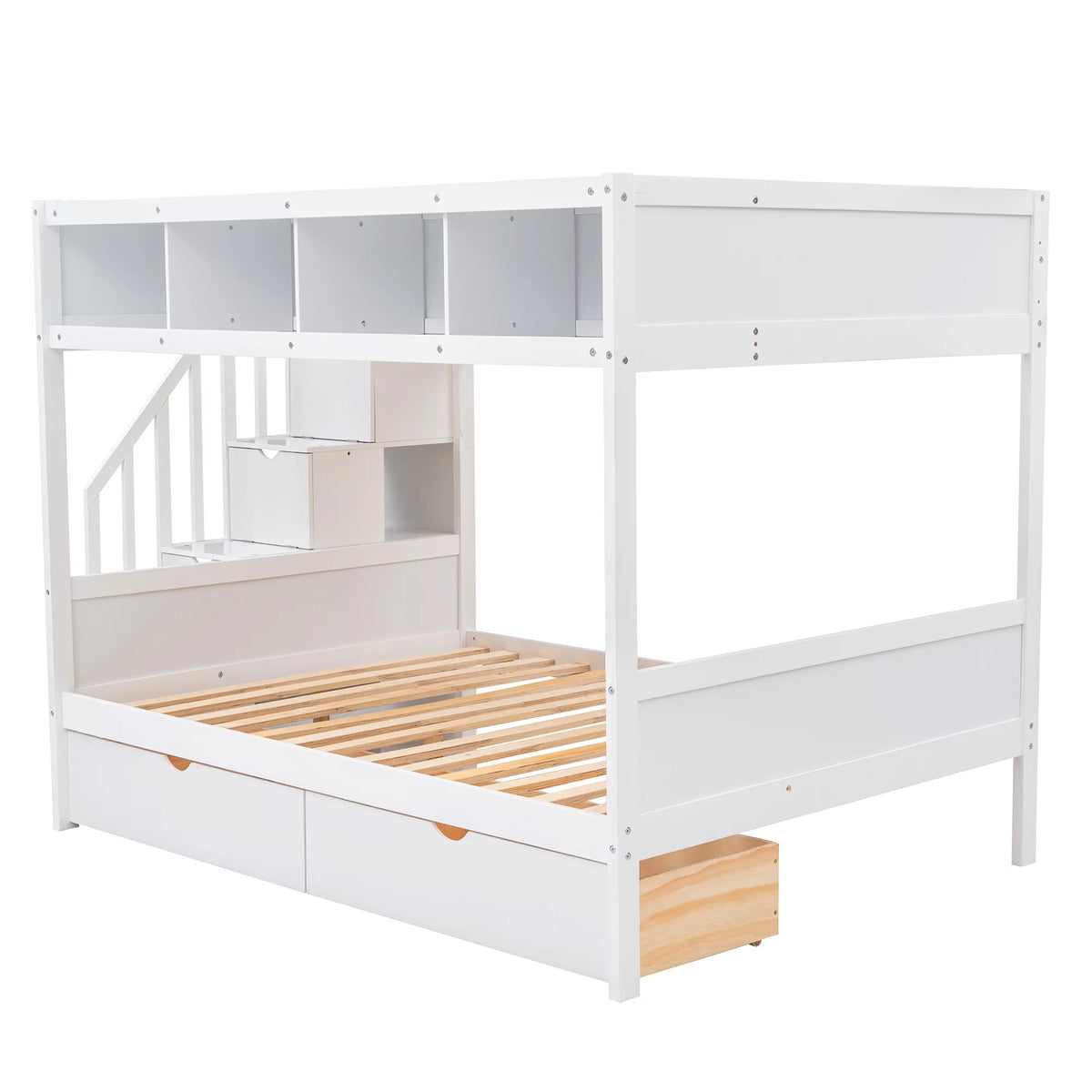 Solid Wood Twin Over Full Bunk Bed with Two Drawers and Staircase, White N787226
