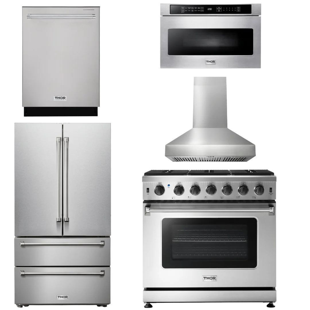 36 Propane Gas Range, Range Hood, Microwave, Refrigerator, Dishwasher U91748