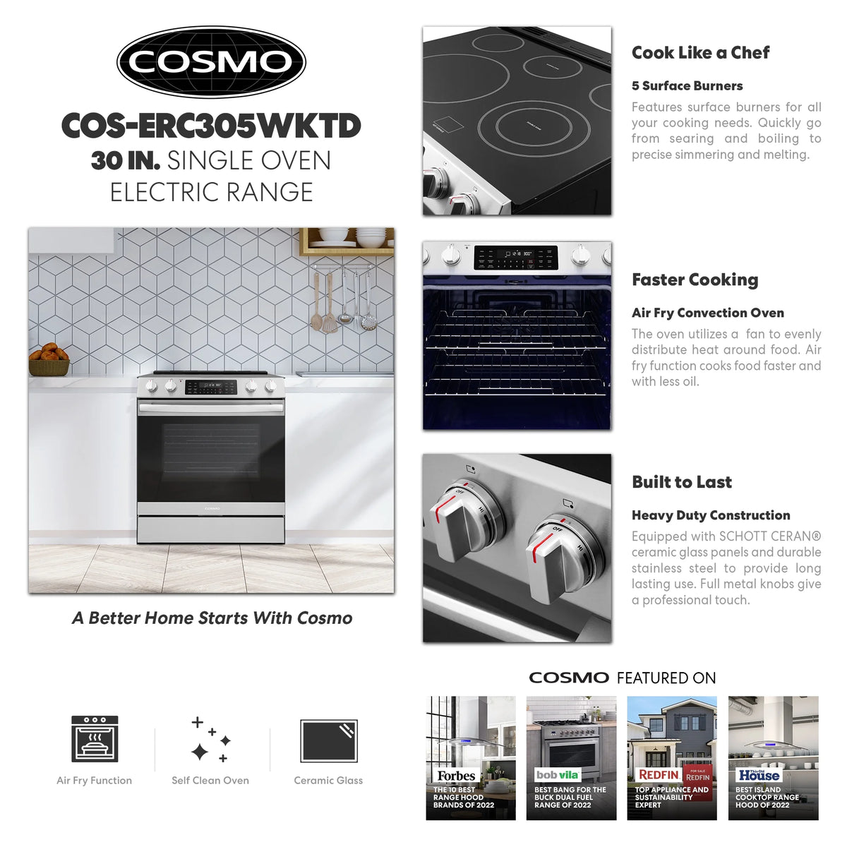 30 in. Electric Range with 5 Burner Glass Cooktop and Air Fry Oven X38810