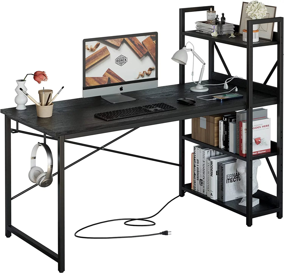 55" Computer Desk with Power Outlet and Storage Shelves M4314
